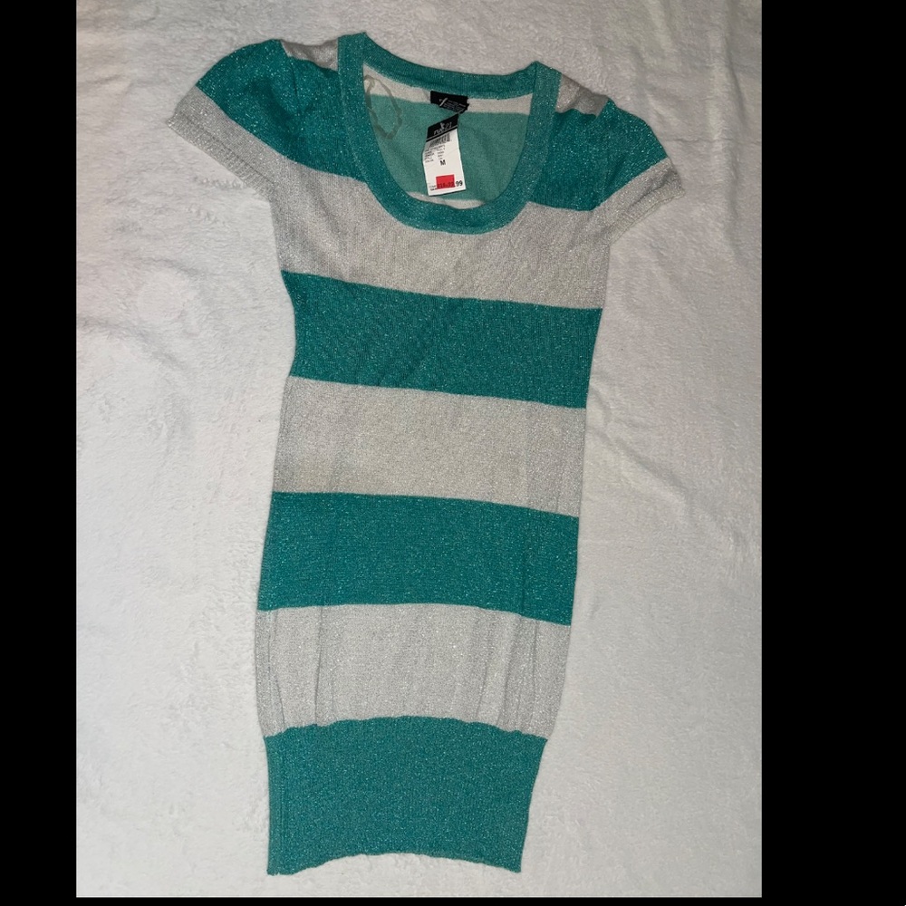 Teal and white striped sparkly body on dress